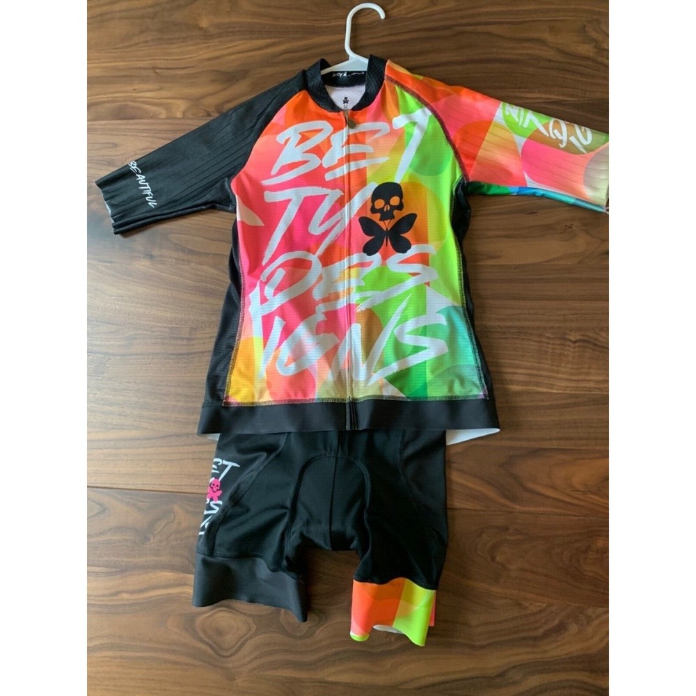 Betty Designs Womens Medium Cycling Jersey Bibs Kit Race Fit Suit Black M Neon